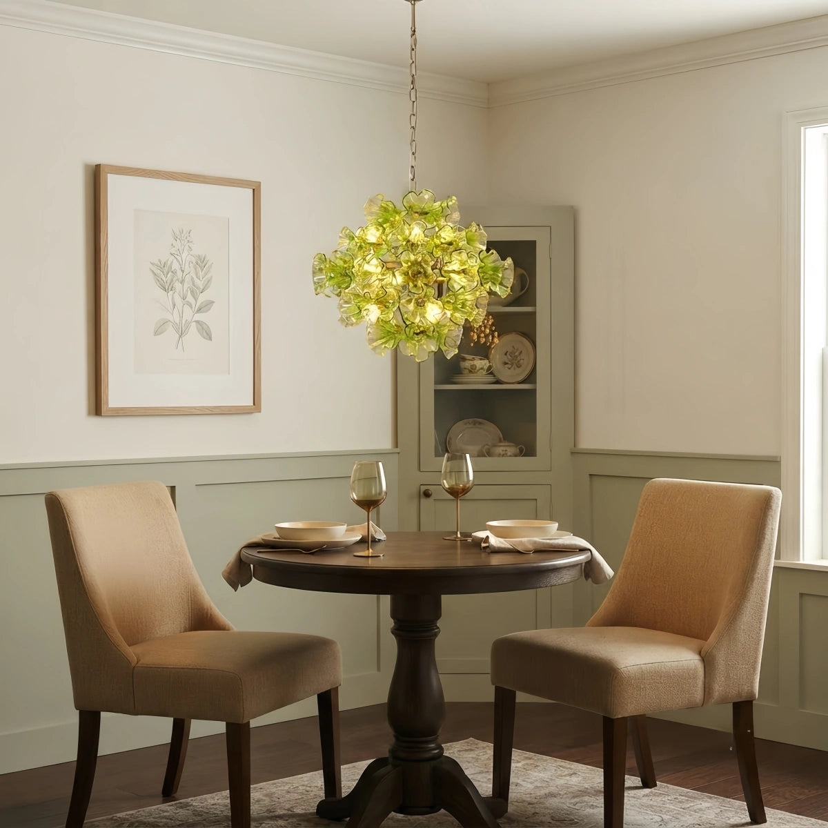 Vetro Mid-Century Glass Chandelier -- Green Ruffled Petals for Dining Room