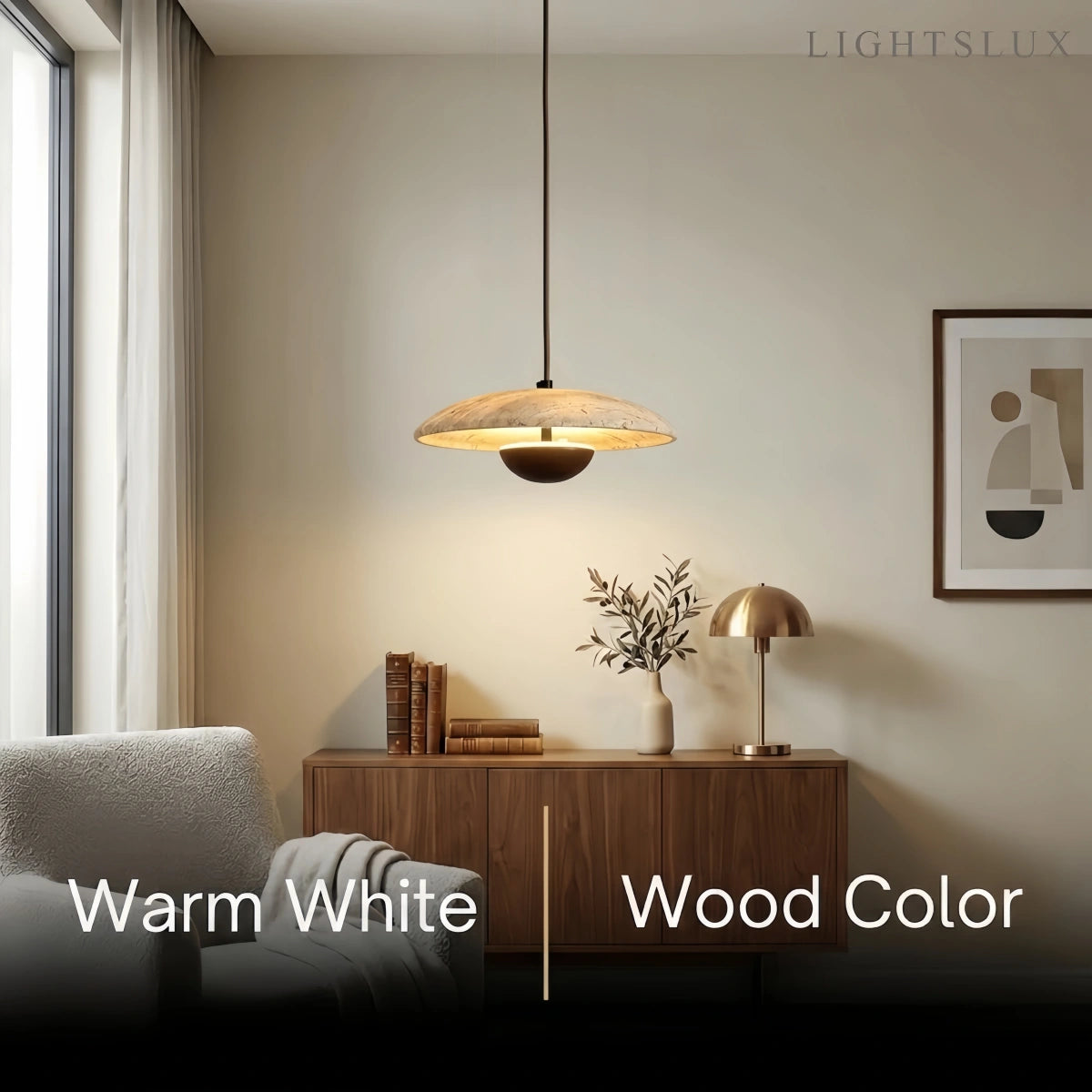 Strata Minimalist Pendant Light – Travertine & Metal, Walnut/Wood Color for Indoor