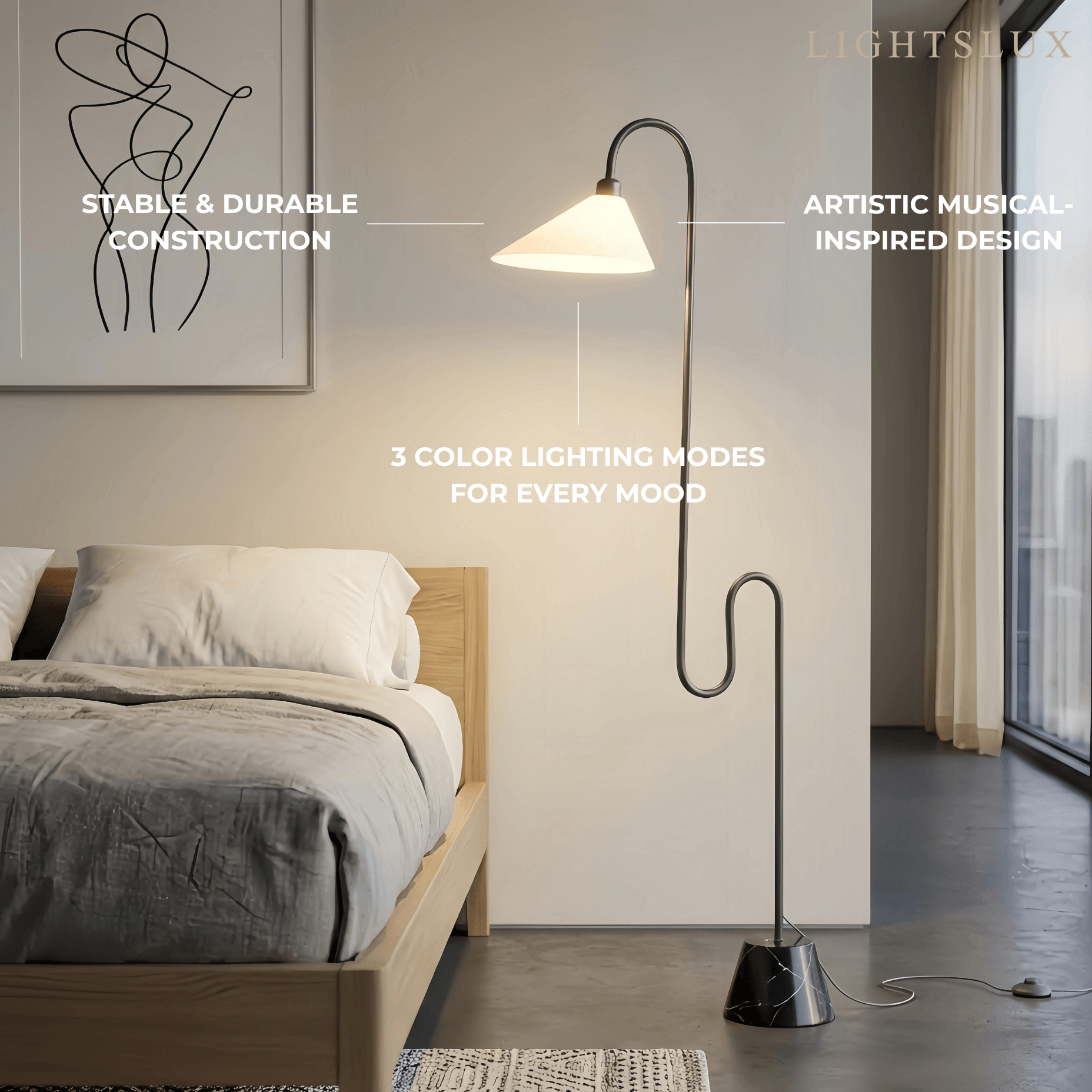 Velora Postmodern Black Floor Lamp – Metal Base with Fabric Hooded for Bedroom