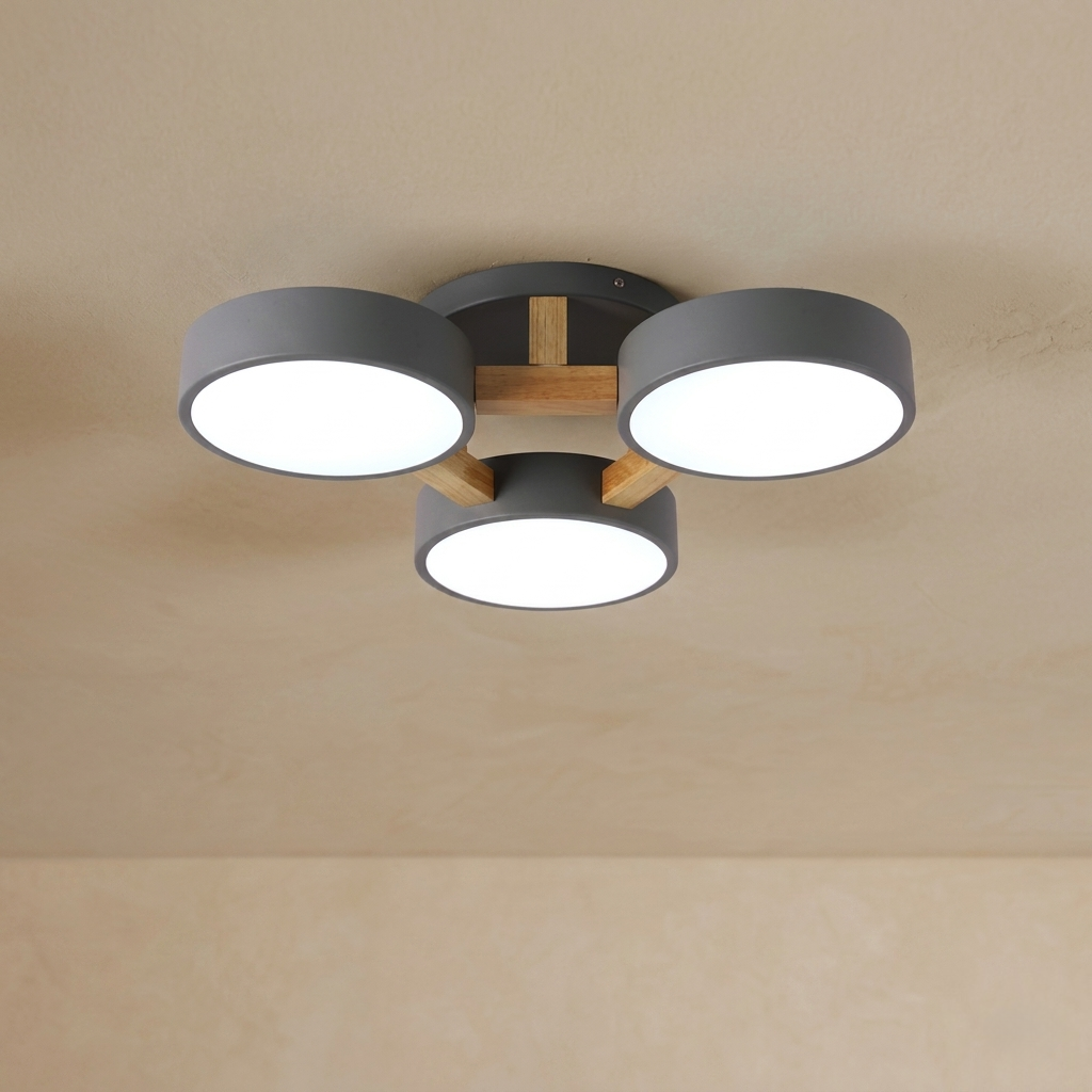 Arcato Modern Round Ceiling Light – Gray Fixture with Three Heads Bedroom