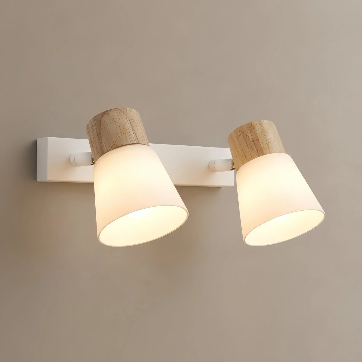Crema Modern White Vanity Light – Wood & Glass Conical Shades