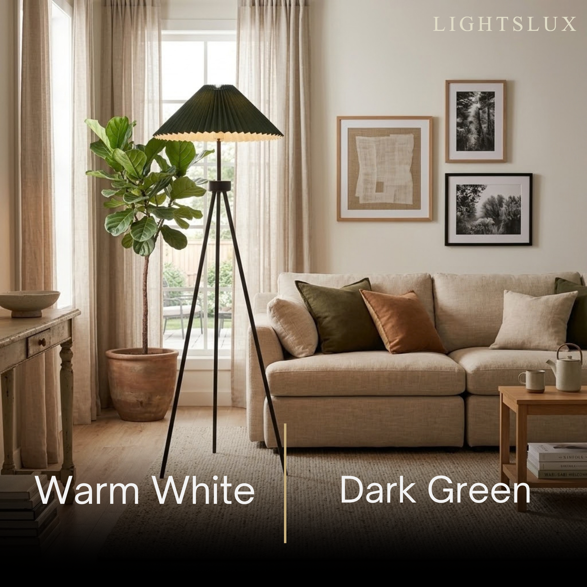Irondale Modern Floor Lamp - Dark Green & White Tripod with Pleated Fabric for Bedroom