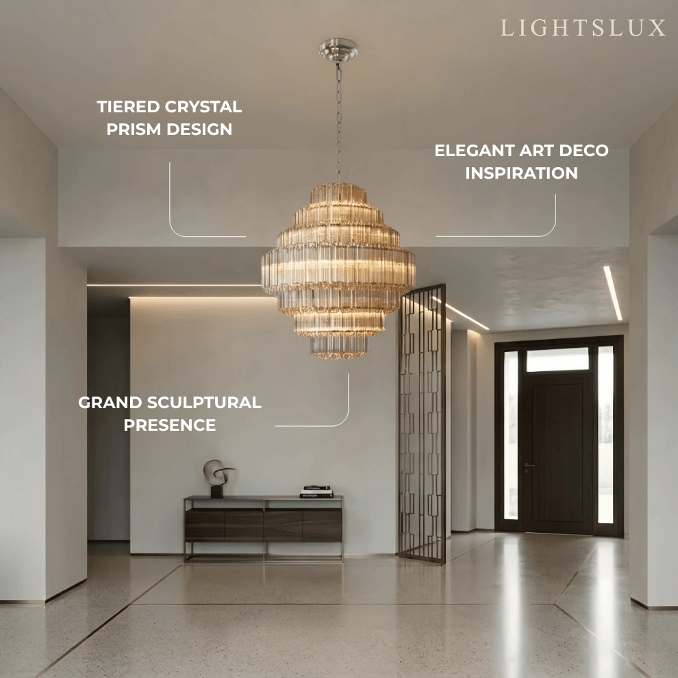 Excelis Luxury Chandelier --Tiered Clear Glass & Metal Frame for Entryway
