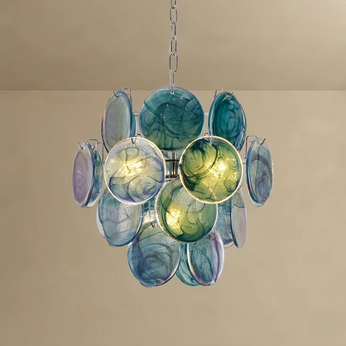 Excelis Art Deco Chandelier -- Handcrafted Iridescent Cloud Glass for Dining Room