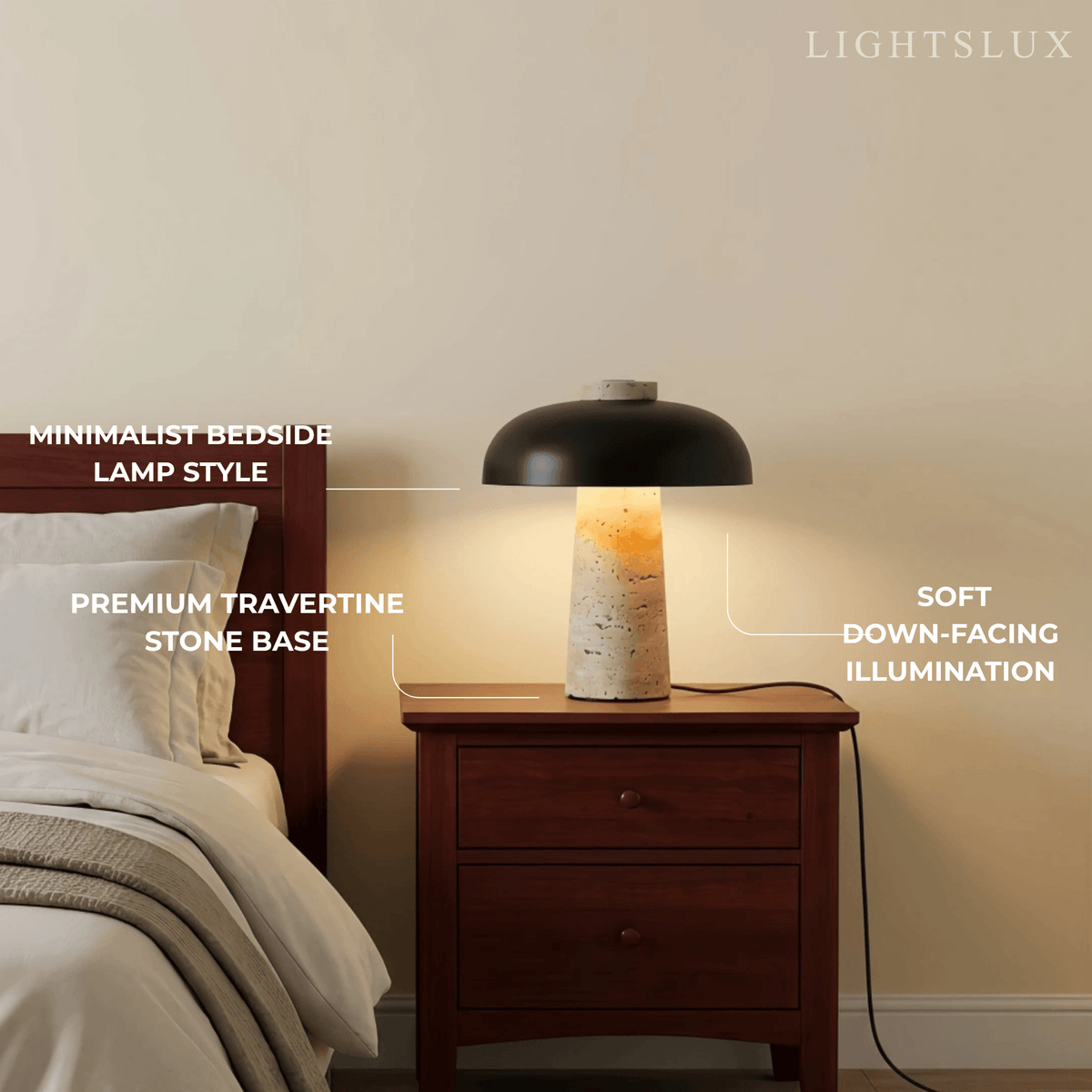 Strata Natural Travertine Table Lamp – Black Shade for Bedroom & Bedside