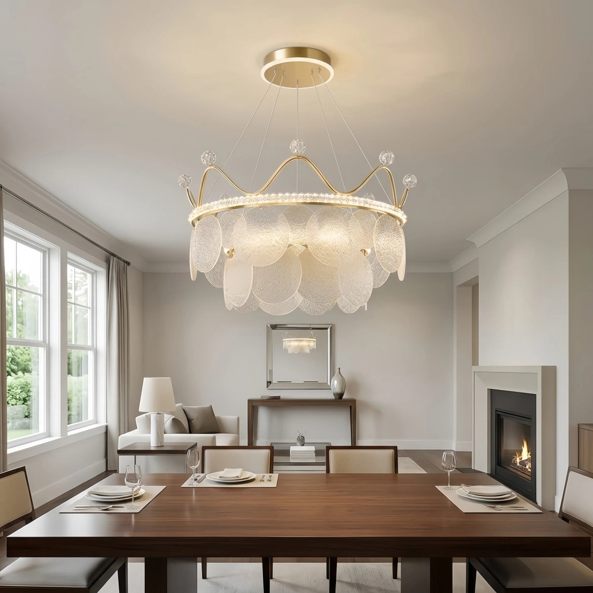 Elegant Crown-inspired Pendant Light -- Water-ripple Glass & Crystal Gold