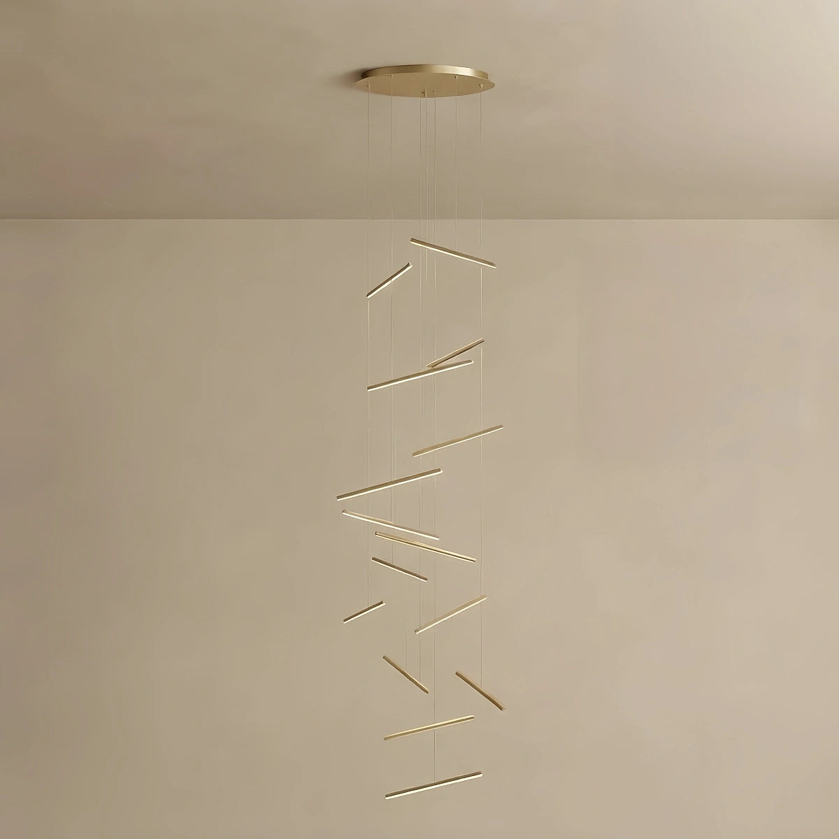Nebula Luxury Flowing Gold Chandelier – Metallic Acrylic Rods Sculptural Cascade for Staircase