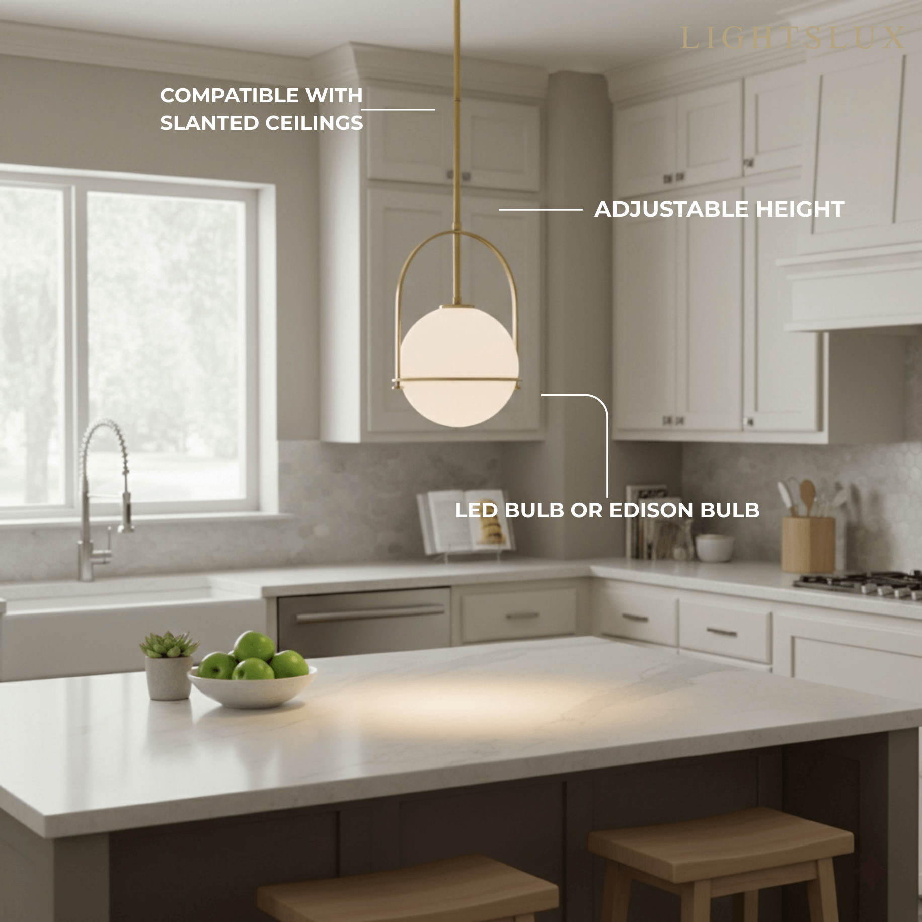 Modern Ceiling Light — Etched Opal Glass Globe & Brass Black