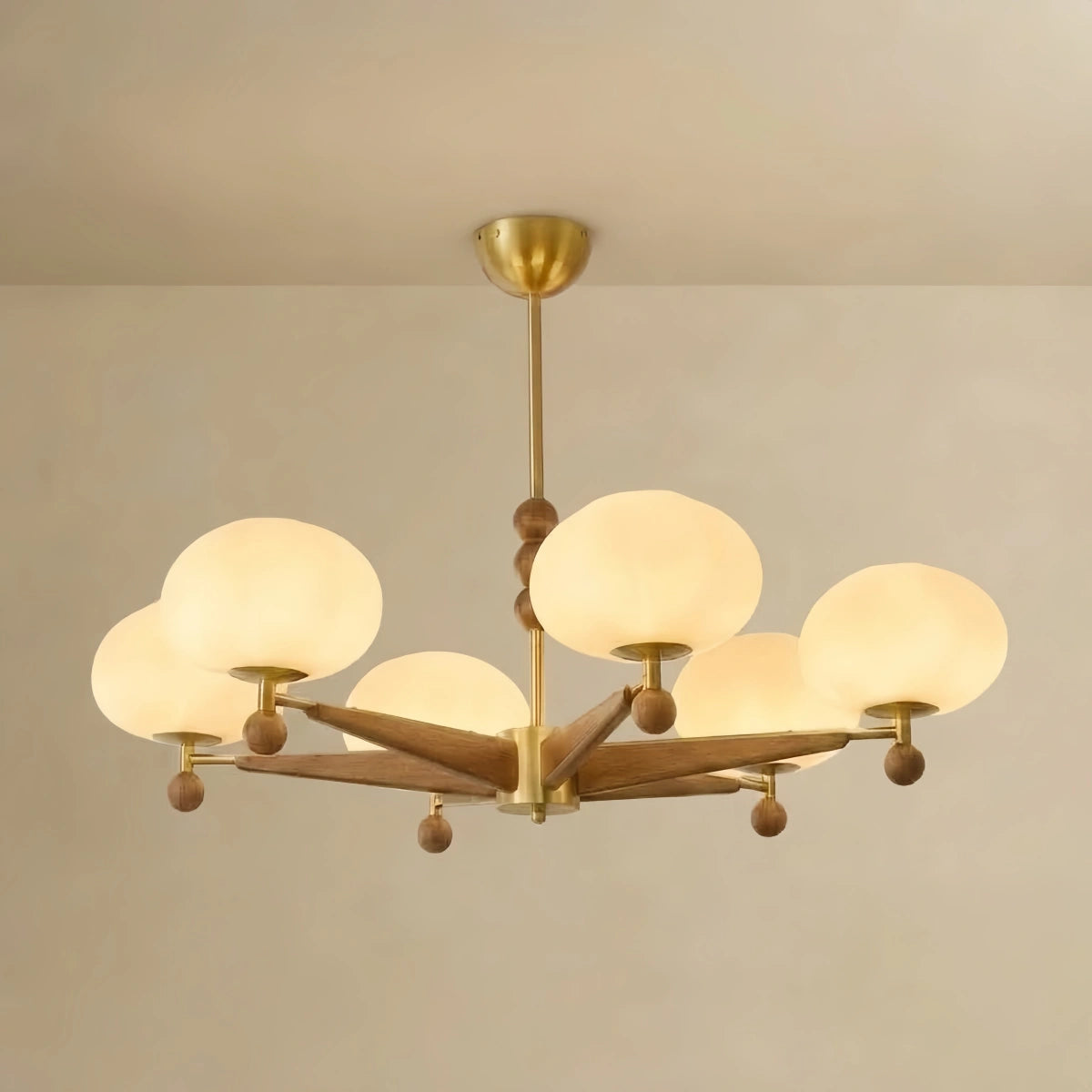 Mid-Century Modern Starburst Chandelier — Brass Walnut Opal Glass for Dining Room