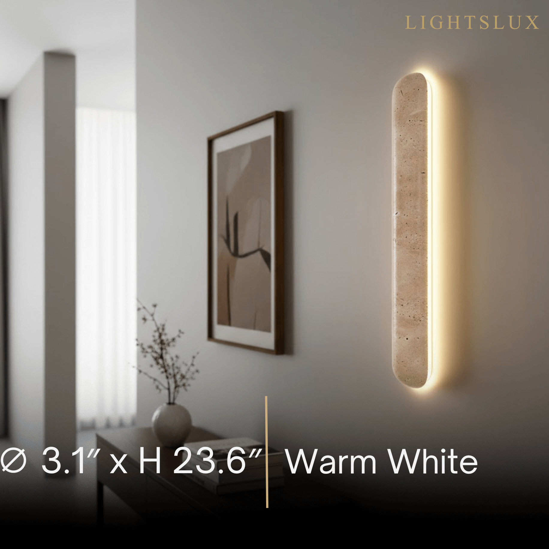 Travertine Pillar Wall Lamp — Slender Carved Stone with Back Glow
