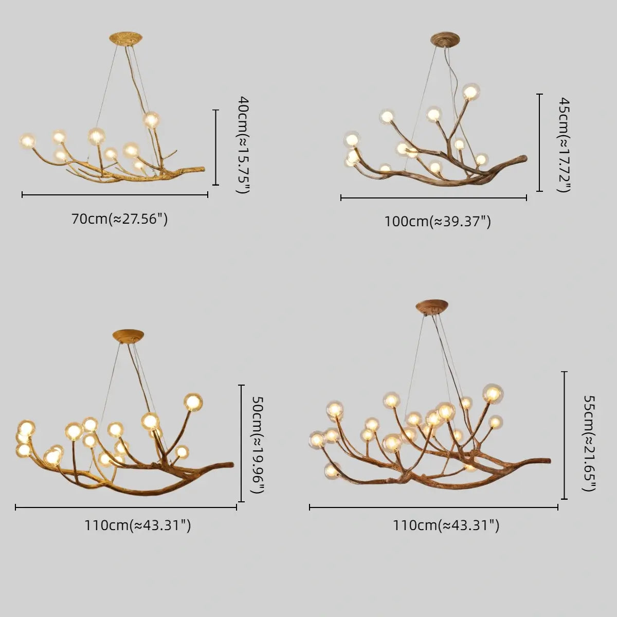Natural Tree Branch Chandelier -- Wood-Look Resin & Glass