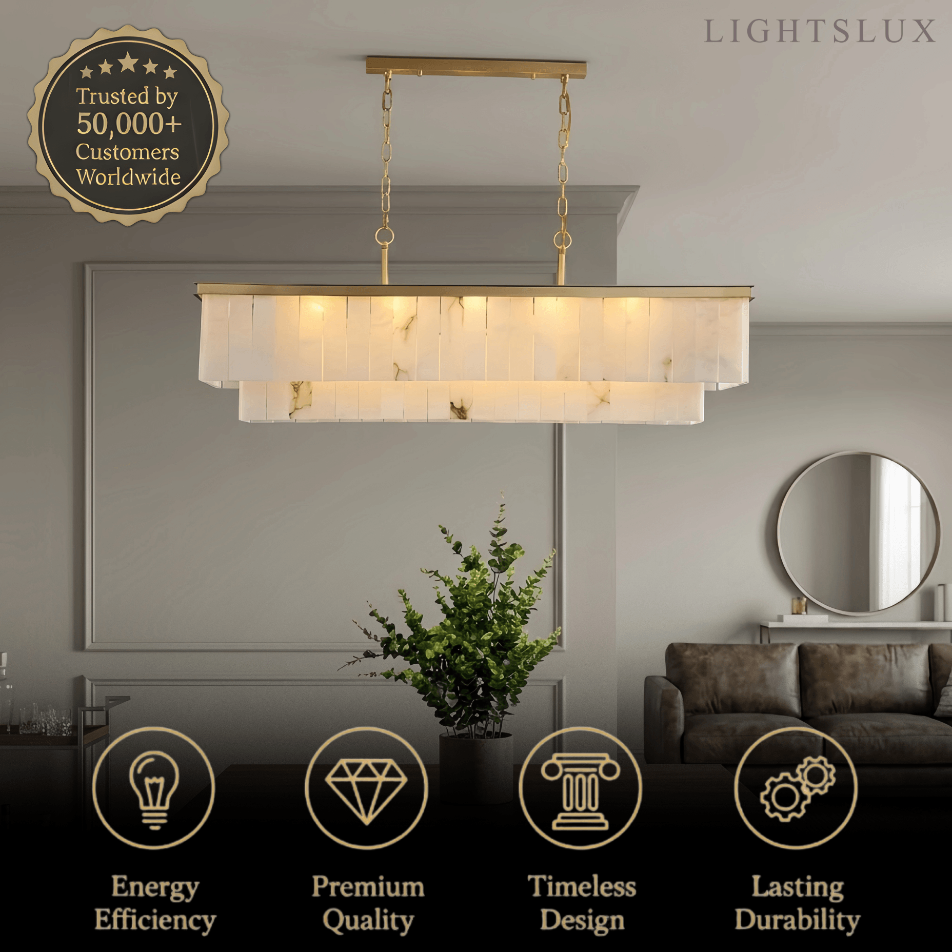 Modern Rectangular Alabaster Chandelier -- Gold