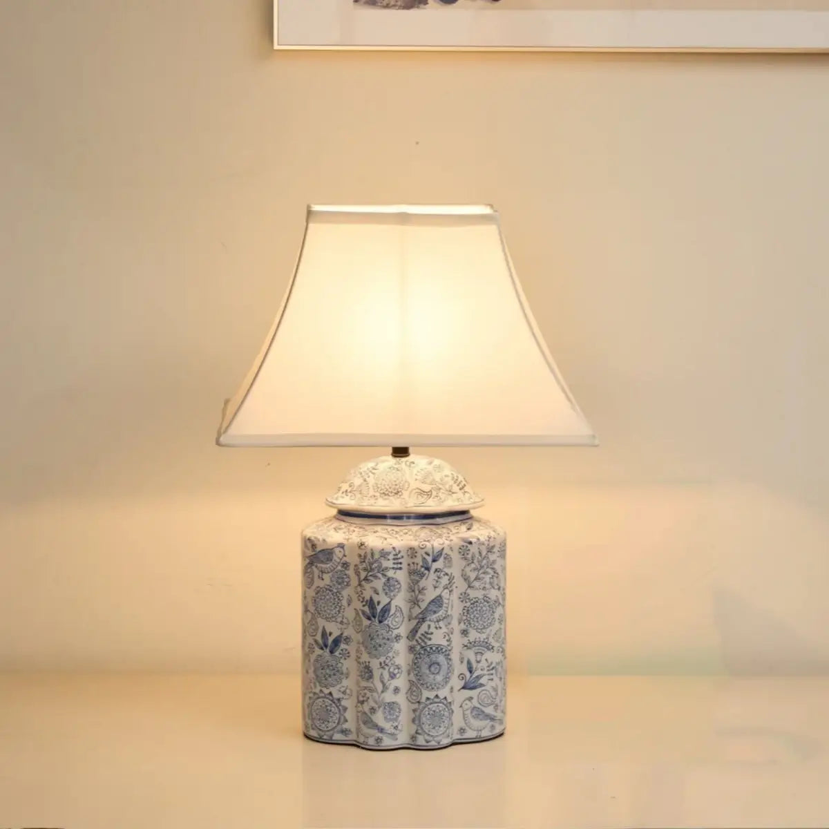 Velora Elegant Hand-Painted Ceramic Table Lamp -- Blue Body with Beige Linen Shade for Living Room