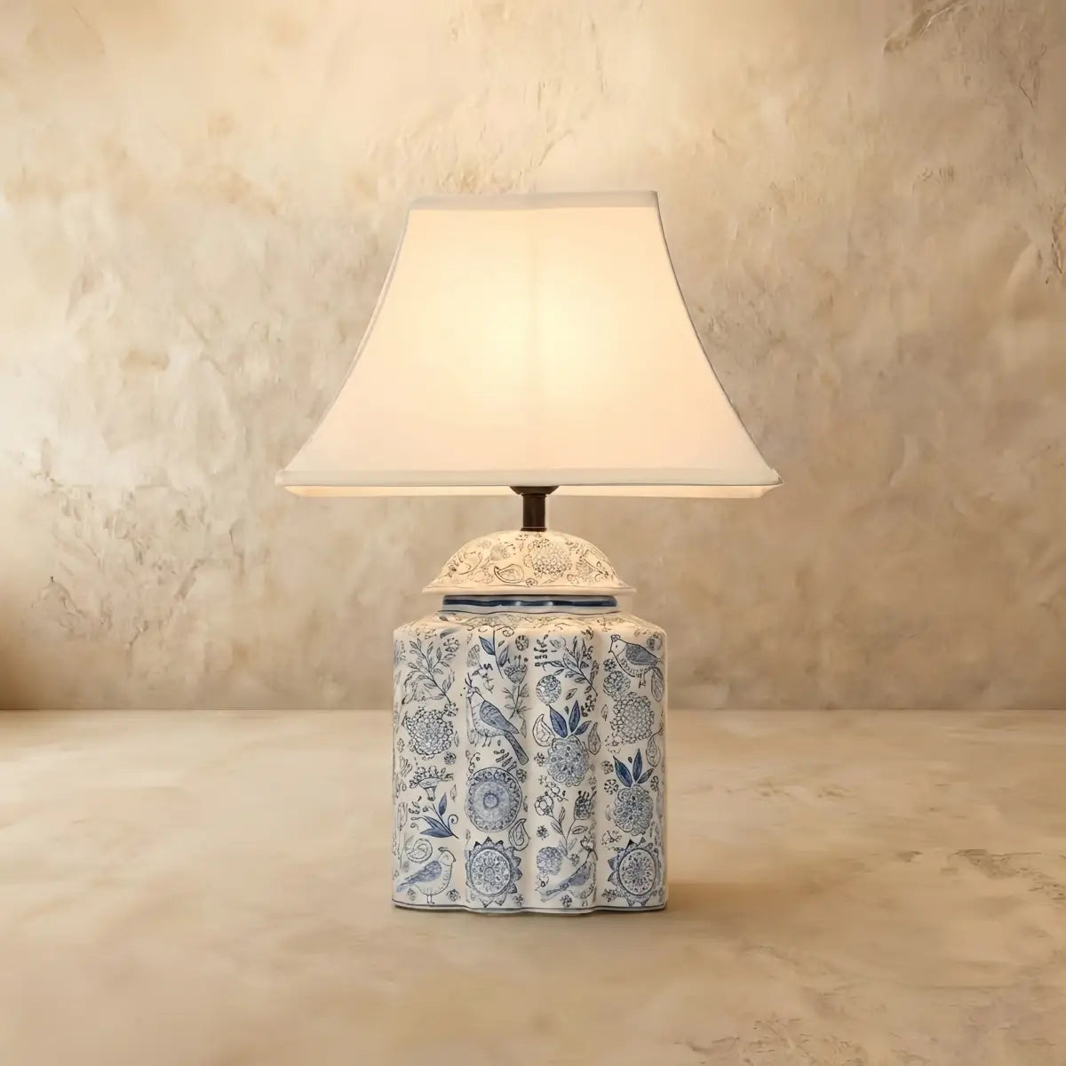 Velora Elegant Hand-Painted Ceramic Table Lamp -- Blue Body with Beige Linen Shade for Living Room