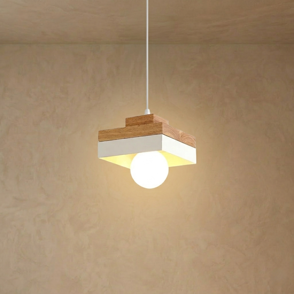 Zenno Modern Square/Round Pendant Light – White Metal/Wood for Dining Room