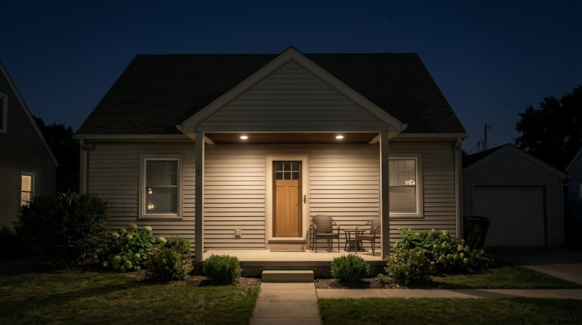 Outdoor recessed lighting on a residential home at night