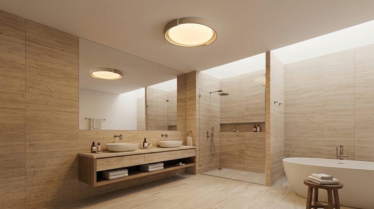 A modern, travertine-tiled bathroom with double sinks and a large ceiling light.