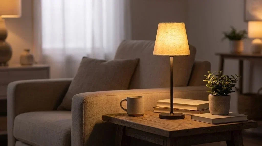 Cordless table lamp on a wooden side table in a warm, cozy living room