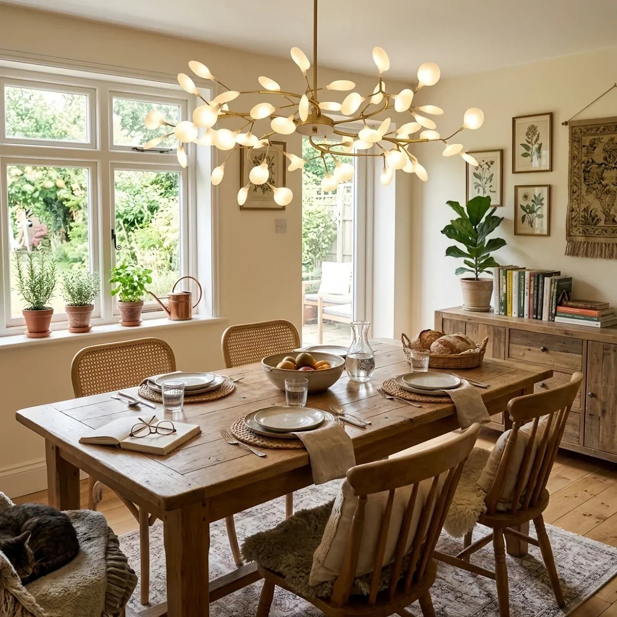 Dining room lighting with a branch chandelier over a rustic wooden dining table