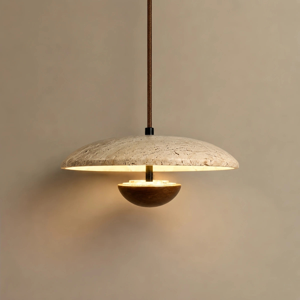Strata Minimalist Pendant Light – Travertine & Metal, Walnut/Wood Color for Indoor