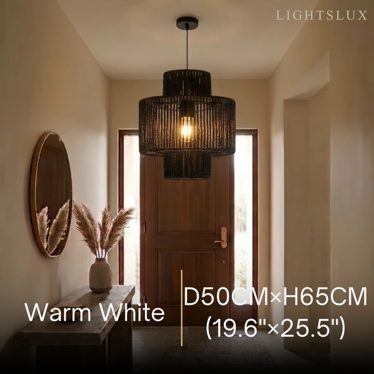 Bamburo Farmhouse Drum Pendant Light — Black Metal & Rattan for Dining Room
