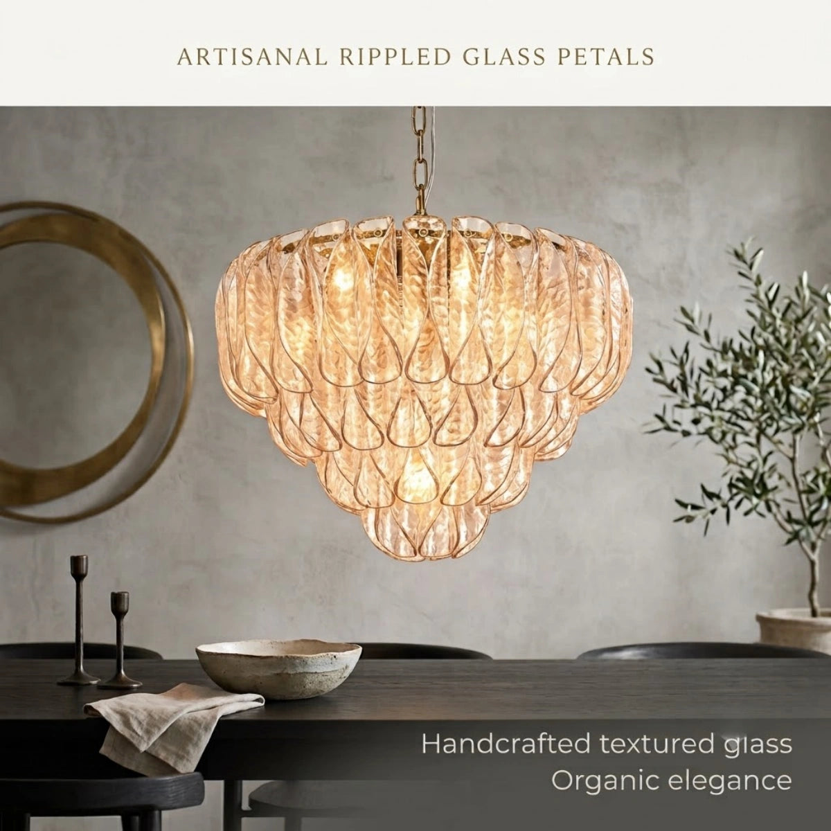 2Excelis Luxury Chandelier --Textured Glass & Metal for Living Room