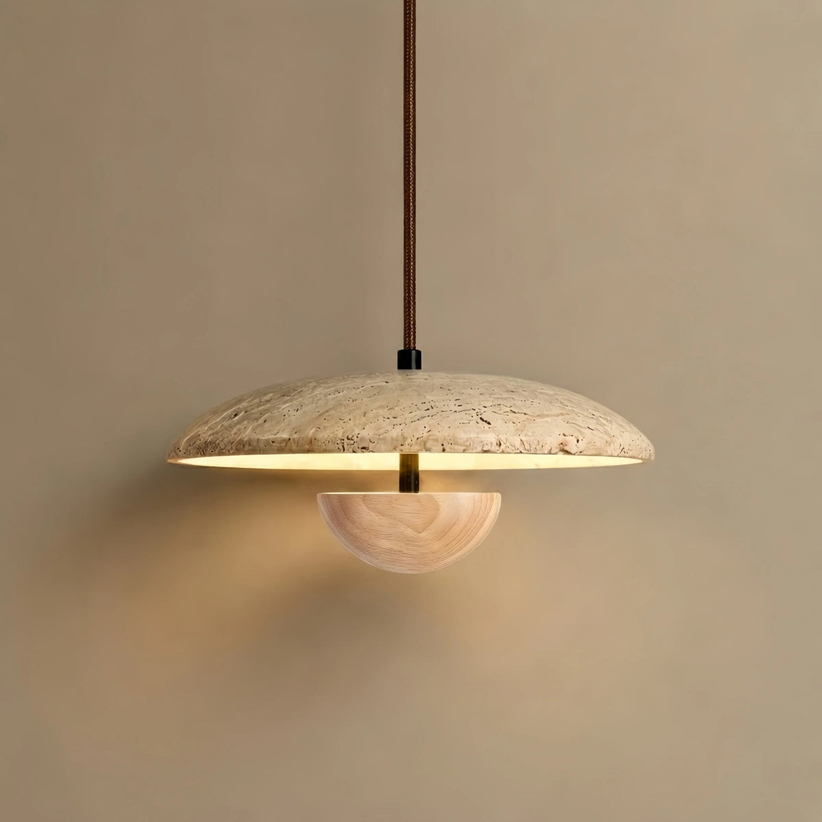Strata Minimalist Pendant Light – Travertine & Metal, Walnut/Wood Color for Indoor
