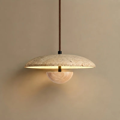 Strata Minimalist Pendant Light – Travertine & Metal, Walnut/Wood Color for Indoor