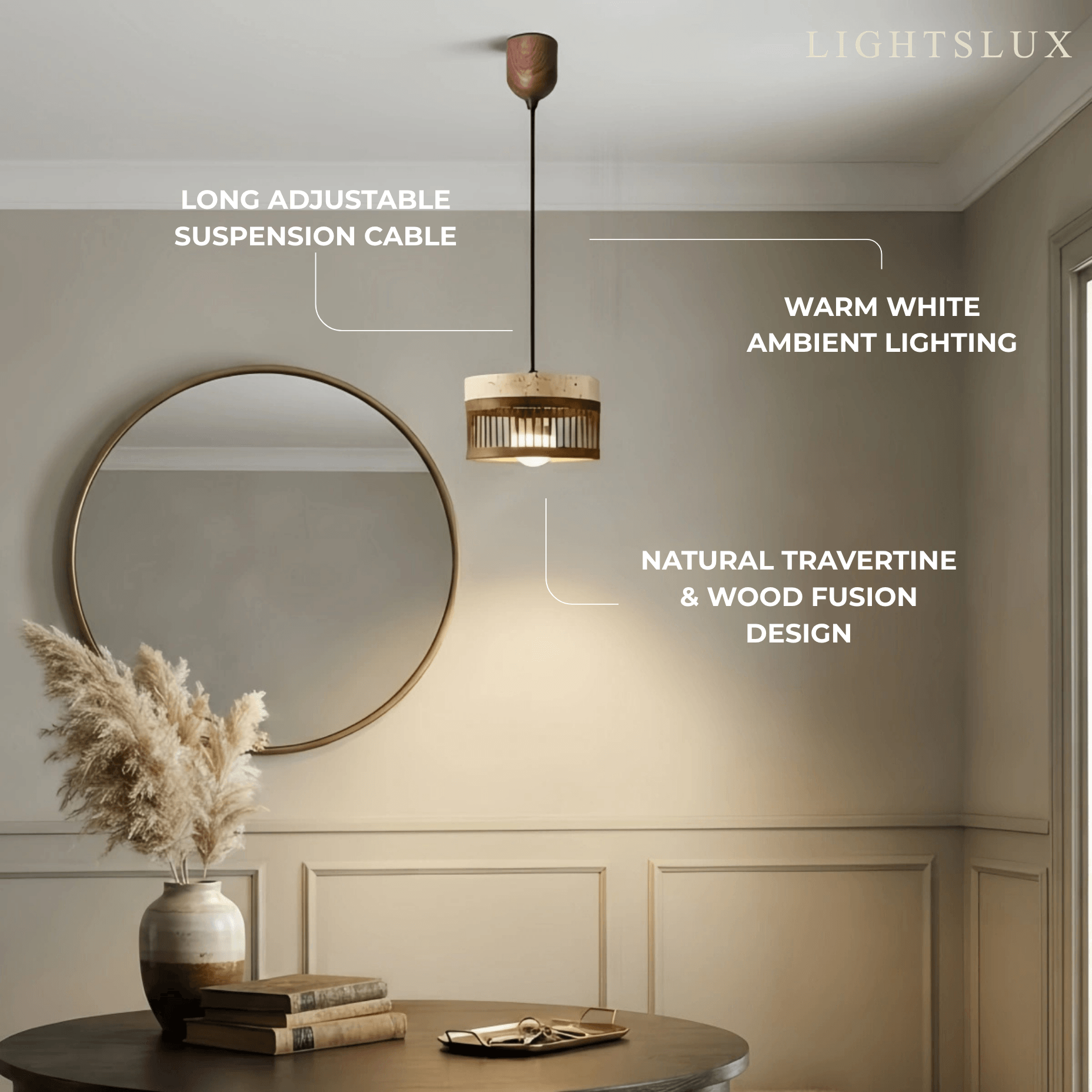 Strata Wabi-sabi Pendant Light --Travertine & Solid Wood Brown for Dining Room