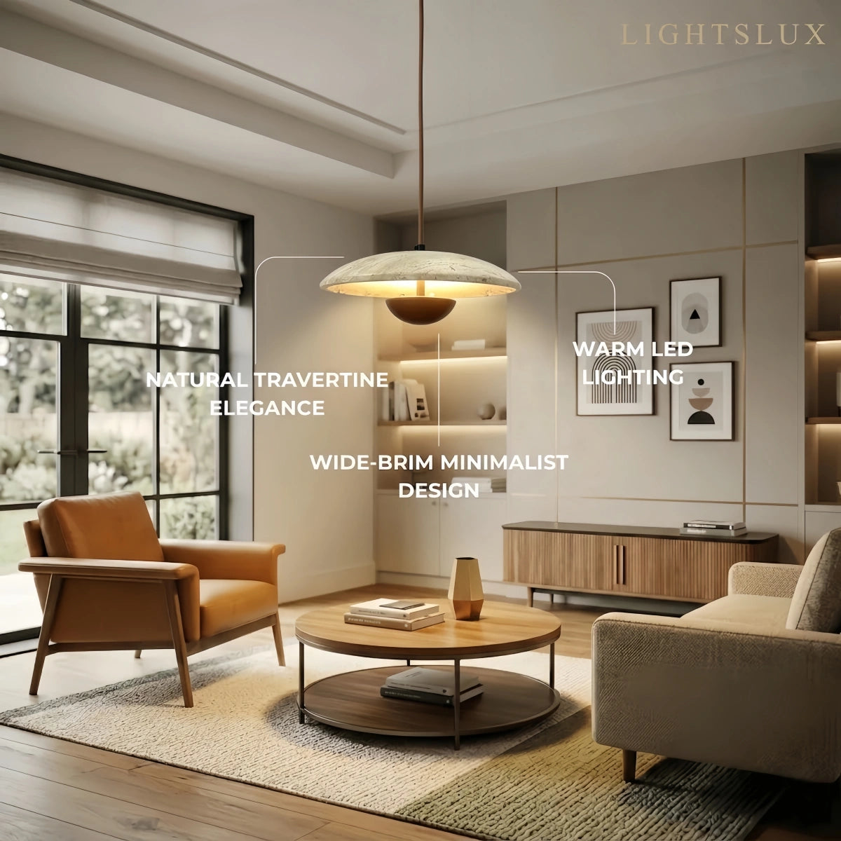 Strata Minimalist Pendant Light – Travertine & Metal, Walnut/Wood Color for Indoor