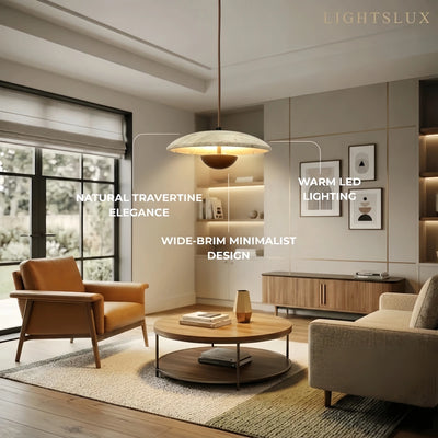 Strata Minimalist Pendant Light – Travertine & Metal, Walnut/Wood Color for Indoor