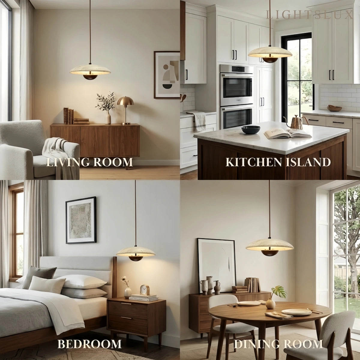 Strata Minimalist Pendant Light – Travertine & Metal, Walnut/Wood Color for Indoor