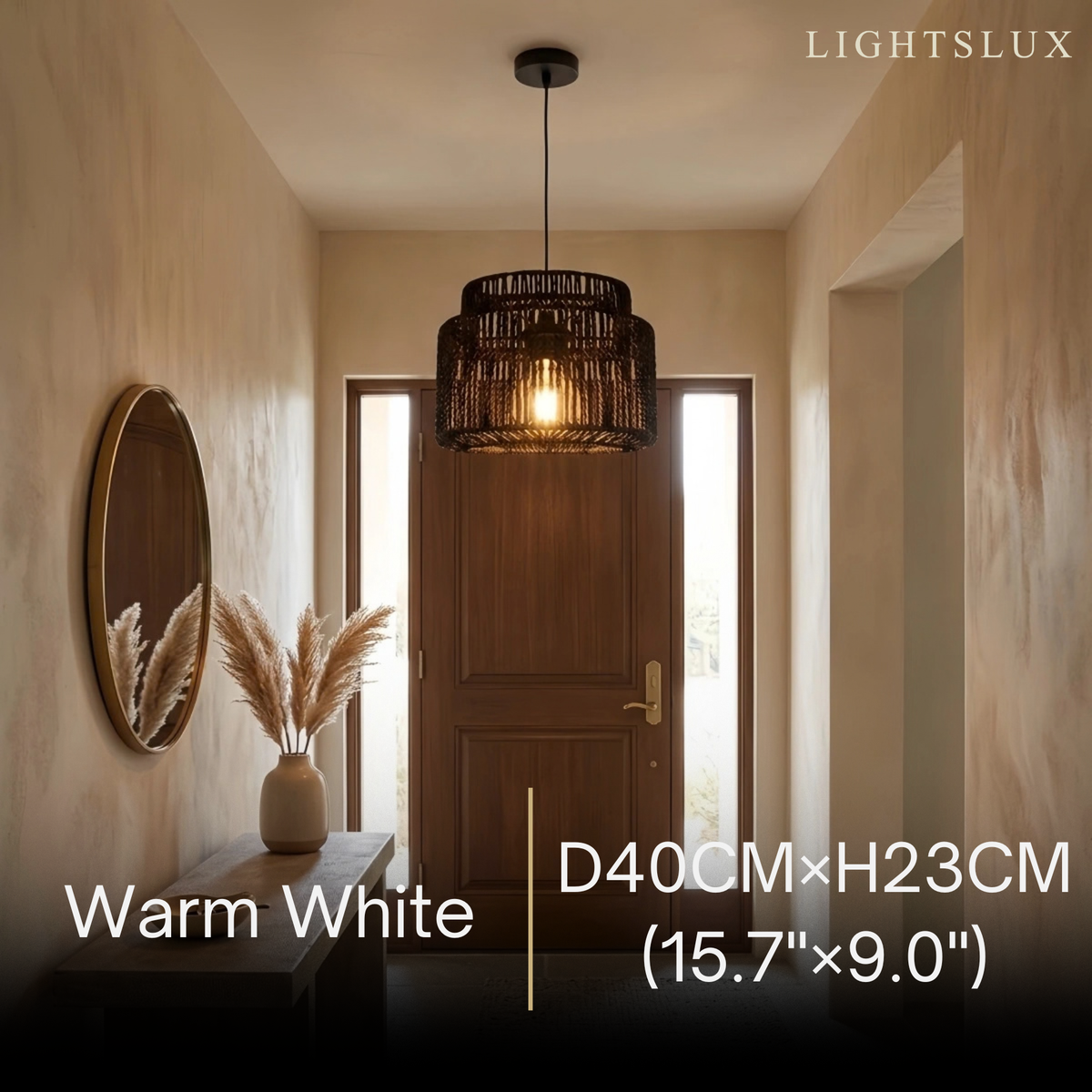 Bamburo Farmhouse Drum Pendant Light — Black Metal & Rattan for Dining Room