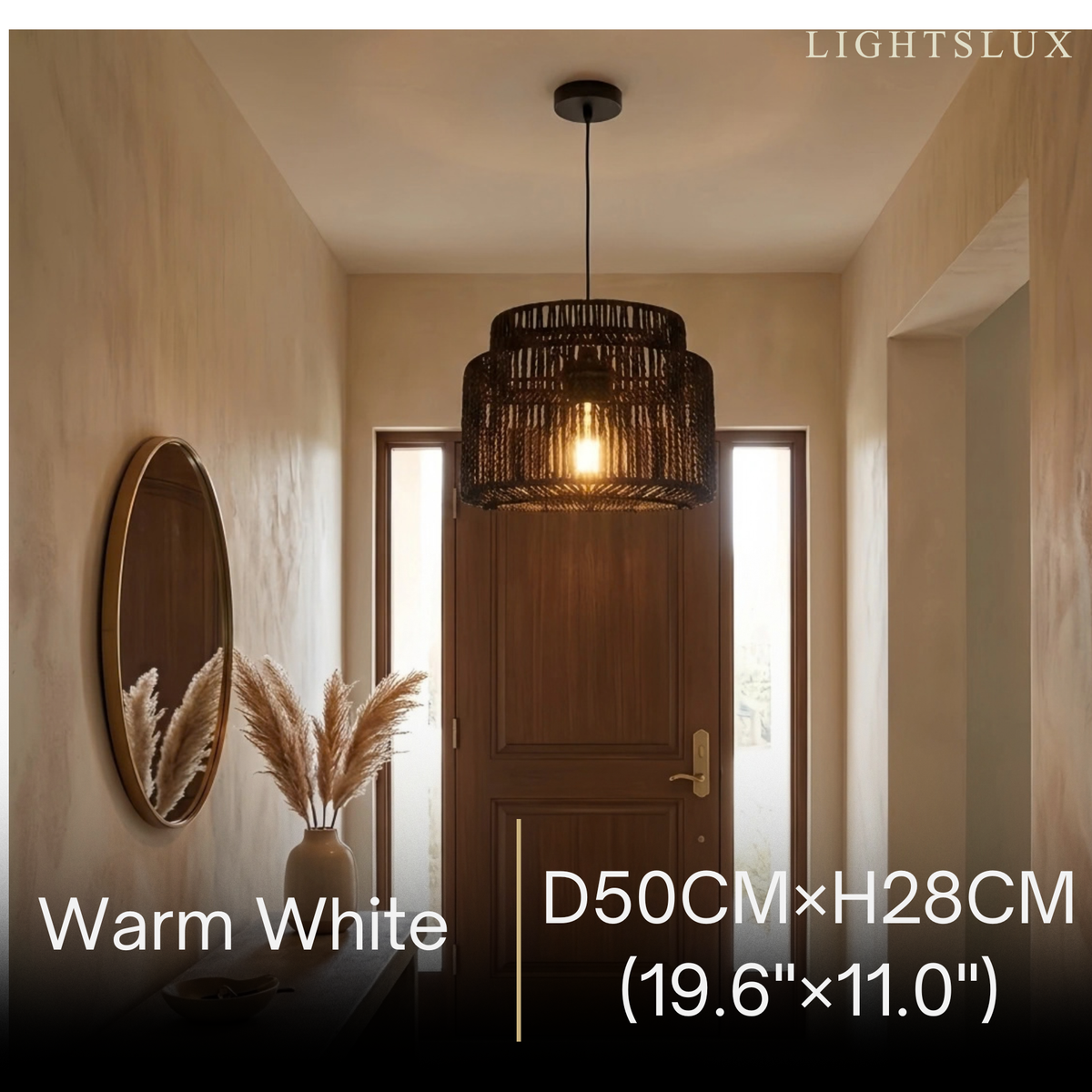 Bamburo Farmhouse Drum Pendant Light — Black Metal & Rattan for Dining Room