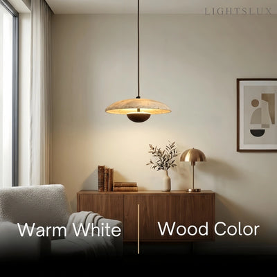 Strata Minimalist Pendant Light – Travertine & Metal, Walnut/Wood Color for Indoor