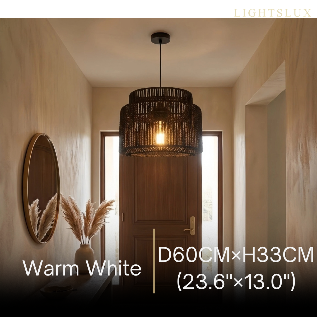 Bamburo Farmhouse Drum Pendant Light — Black Metal & Rattan for Dining Room