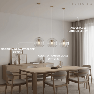 Vetro Nordic Globe Pendant Light – Clear or Amber Glass for Bedroom