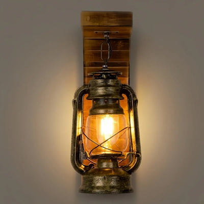 Irondale Vintage Wood/Metal Wall Sconce - Burlywood Lantern for Bedroom