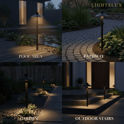 Irondale Modern Black Hooded Outdoor Path Light – Waterproof Garden Lighting