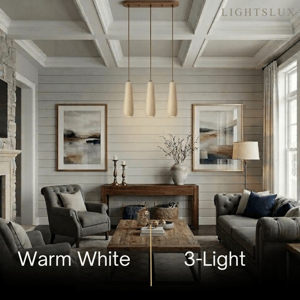 Zenno Modern Pendant Light — Natural Wood & Stone Cylinder for Dining Room