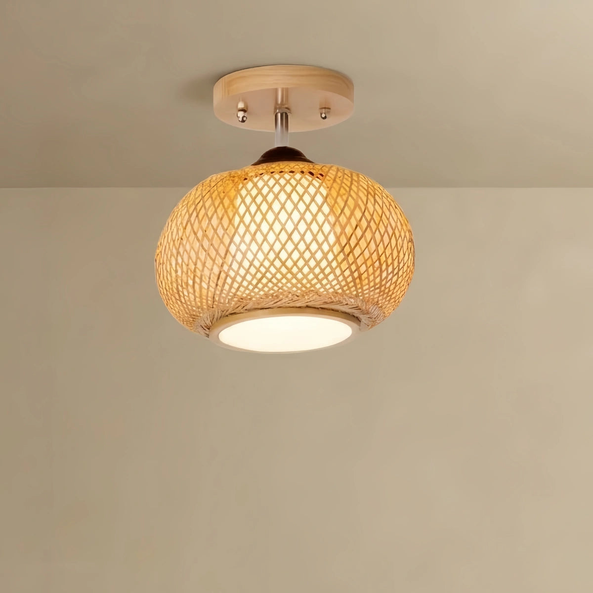 Bamburo Rustic Boho Rattan Ceiling Light – Bamboo Flush Mount for Hallway