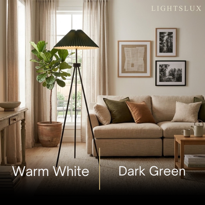 Irondale Modern Floor Lamp - Dark Green & White Tripod with Pleated Fabric for Bedroom