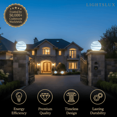 Lunara Art Deco Globe Outdoor Post Light – Moon-Shaped Metal/Glass Solar Pillar Lamp