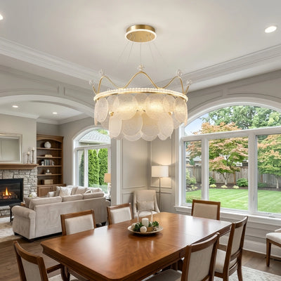 Excelis Elegant Crown-inspired Pendant Light -- Water-ripple Glass & Crystal Gold Indoor