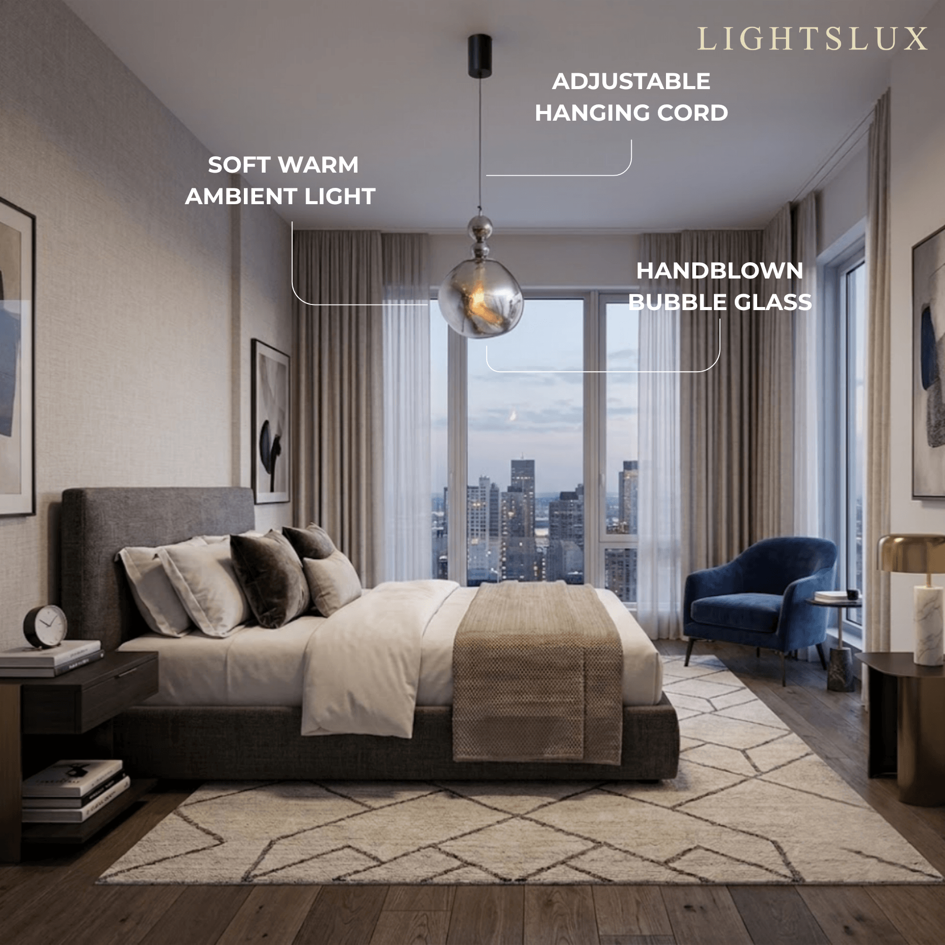 Lunara Modern Pendant Light – Acrylic Globe & Carbon Steel for Bedroom