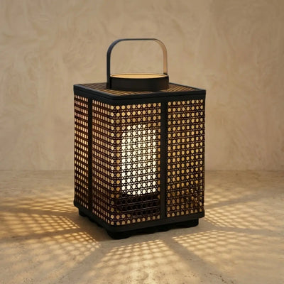 Bamburo Minimalist Outdoor Floor Lamp -- Metal & Rattan Beige for Garden