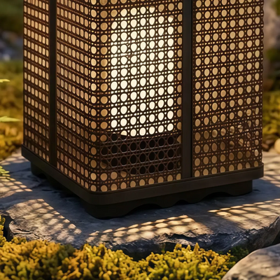 Bamburo Minimalist Outdoor Floor Lamp -- Metal & Rattan Beige