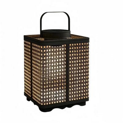 Bamburo Minimalist Outdoor Floor Lamp -- Metal & Rattan Beige for Garden