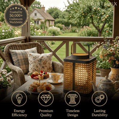Bamburo Minimalist Outdoor Floor Lamp -- Metal & Rattan Beige for Garden