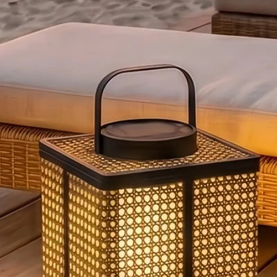 Bamburo Minimalist Outdoor Floor Lamp -- Metal & Rattan Beige for Garden Detail
